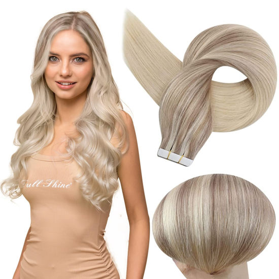 Picture of Full Shine Tape in Hair Extensions Human Hair 12 Inch Color 18 Ash Blonde Fading to 22 and 60 Platinum Blonde Human Remy Hair Tape in Extensions Invisible Tape Hair Extensions 30Gram