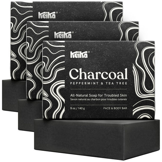 Picture of Keika Charcoal Black Soap Bar for Acne, Eczema, Psoriasis, Face, Body, Men Women Teens with Oily Skin, 5 oz. (Charcoal, 3-Pack)