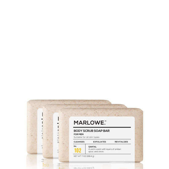 Picture of MARLOWE. No. 102 Men's Body Scrub Soap 7 oz (3 Bars) Warm Santal Scent, Best Exfoliating Bar for Men, Made with Natural Ingredients, Apricot Seed Powder, Shea Butter, Olive Oil, Green Tea Extracts