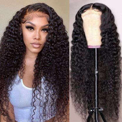 Picture of SOSATISFY Deep Wave Lace Front Wigs Human Hair 4x4 HD Transparent Lace Closure Wigs for Black Women Glueless 180% High Density Human Hair Wigs Pre Plucked with Baby Hair (32 inch)