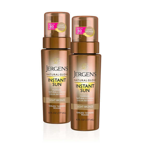 Picture of Jergens Natural Glow Instant Self Tanner Mousse, Sunless Tanning Light Bronze Tan, for a Natural-looking Tan, 6 Ounce (2 Pack)