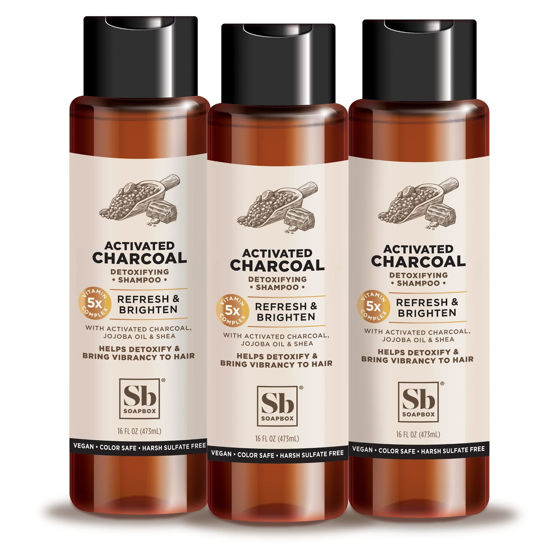 Picture of Soapbox Shampoo, Vegan & Cruelty Free Hydrating Shampoo with Activated Charcoal, Color Safe, Paraben and Sulfate Free All Natural Hair Cleanser, 16oz (Pack of 3)