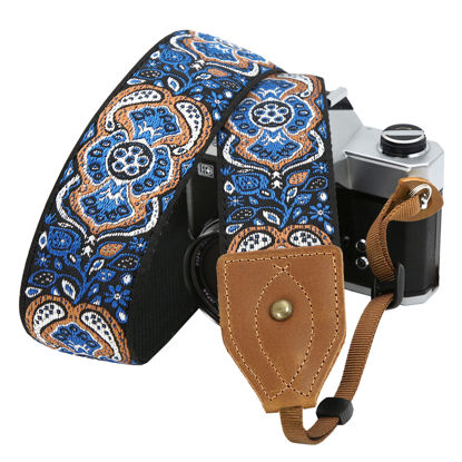 Picture of Padwa Lifestyle Classic Camera Strap - 2" Wide Vintage Soft Embroidered Crazy Horse Leather Cowhide Head Camera Straps for All DSLR Cameras, Great Gift for Men & Women Photographers(Elegant Blue)