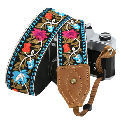 Picture of Padwa Lifestyle Camera Strap - Double Layer Full Grain Thick Cowhide Skin Crazy Horse Crafting Leather Ends,2” Wide Embroidered Pure Cotton Camera Strap,Adjustable Straps for All DSLR Camera