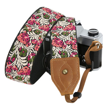 Picture of Retro Pink Floral Camera Strap - 2 inch Wide Cowhide Head Shoulder Strap ,Vintage Jacquard Embroidery Multi-pattern camera straps for Cameras and Binoculars,Adjustable Wide Neck Strap for Photographers