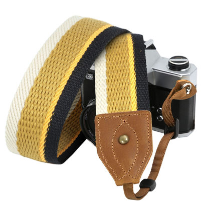 Picture of Padwa Lifestyle Stripes Camera Strap - 2" Wide Vintage Soft Woven Crazy Horse Leather Cowhide Head Camera Straps for All DSLR Cameras, Great Gift for Men & Women Photographers(Yellow White Black)