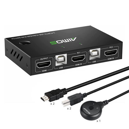 Picture of KVM Switch HDMI 2 Port Box, AIMOS USB and HDMI Switches 4 USB Hub, UHD 4K@30Hz, for 2 Computers Share Keyboard Mouse and one HD Monitor, with 2 HDMI Cables and 2 USB Cables