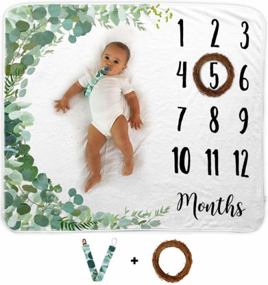 Picture of Baby Monthly Milestone Blanket | Includes Wooden Wreath and Pacifier Clip | 1 to 12 Months | Premium Extra Soft Fleece | Best Photography Backdrop Prop for Newborn Boy & Girl