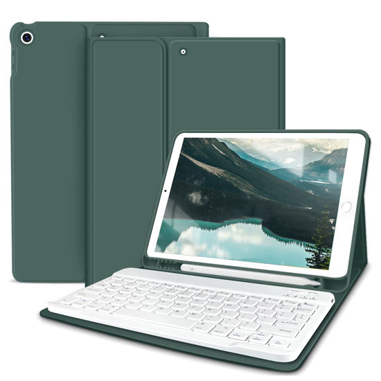 Picture of KENKE Keyboard Case for iPad 9th/8th/7th Generation 10.2 Inch 2021/2020/2019, Soft TPU Back Stand Cover Smart Case with Pencil Holder, Magnetically Detachable Wireless Bluetooth Keyboard, Dark Green