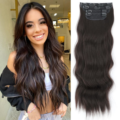 Picture of Vigorous Dark Brown Hair Extensions 24 Inches Long Clip in Hair Extensions Thick Wavy Hair Extension for Women