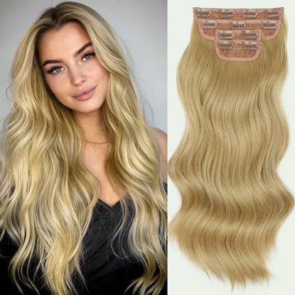 Picture of Vigorous Wavy Hair Extensions Dark Golden Blonde Synthetic Clip in Hair Extensions For Women 20 Inches Clip in Hair Extensions