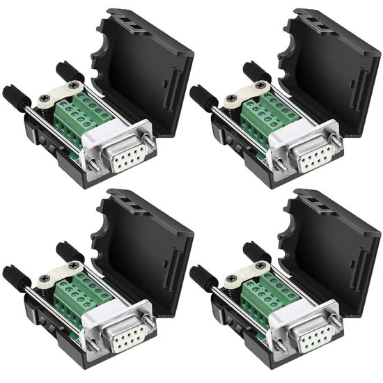 Picture of DaFuRui（4Pcs-Female） DB9 Female Connector，DB9 Breakout Connector Solderless RS232 D-SUB DB9 Female Terminal Block with Case Long Bolts Tail Pipe