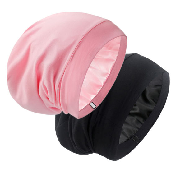 Picture of Silky Satin Lined Bonnet Sleep Cap - Adjustable Stay on All Night Hair Wrap Cover Slouchy Beanie for Curly Hair Protection for Women and Men - Black & Pink