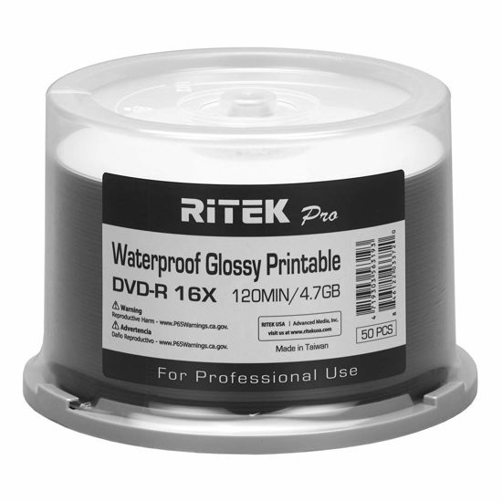 Picture of 50 Pack Ritek Pro (Professional Grade) DVD-R 16X 4.7GB AZO Dye (MID MXL RG04) Watershield Water Resistant Glossy White Inkjet Hub Printable Blank Recordable Disc