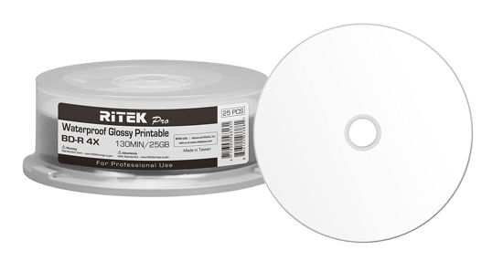 Picture of 25 Pack Ritek Pro (Professional Grade) BD-R Blu-ray 4X 25GB Watershield Water Resistant Glossy White Inkjet Hub Printable Blank Recordable Disc