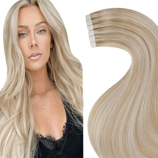 Picture of LAAVOO Blonde Tape in Extensions Human Hair Skin Weft #18 Ash Blonde Highlighted #613 Bleach Blonde Tape in Human Hair Extensions Short Hair Straight 20pcs 30g 12inch