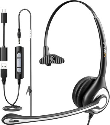 Picture of Wantek USB Headset with Mic for Laptop PC, 3.5mm/USB/Type-C Jack 3-in-1 Computer Headphones with Noise Cancelling Microphone in-line Control for Home Office Online Class Skype Zoom