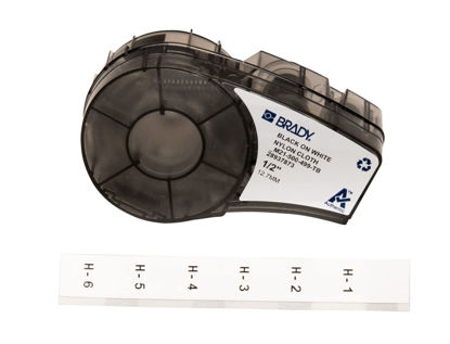 Picture of Brady Authentic (M21-500-499-TB) Multi-Purpose Nylon Label for General ID, Wire Marking, and Lab Labeling, Black on White- For M210, M210-LAB, M211, BMP21-PLUS and BMP21-LAB Printers, .5" W 16' L