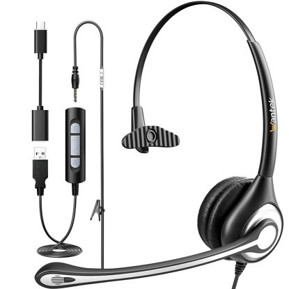 Picture of USB Computer Headset with Microphone for Laptop PC,3.5mm Wired Stereo Call Center Headset with Microphone Noise Cancelling, Corded Desktop Headphones with Mic & Mute