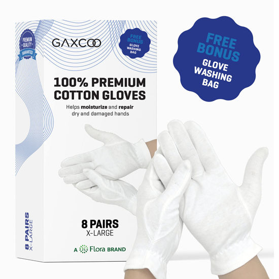 Picture of Gaxcoo 100% Premium Cotton Moisturizing Gloves for Dry Hands & Eczema | Overnight Lotion, Sleep & Spa Treatment for Women & Men | Reusable Washable - Free Washing Bag, Wristband (White - XL - 8 pairs)