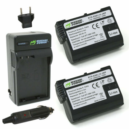 Picture of Wasabi Power Battery (2-Pack) and Charger for Nikon EN-EL15 and Nikon D500, D600, D610, D750, D780, D800, D800E, D810, D810A, D850, D7000, D7100, D7200, D7500, Z5, Z6, Z6II, Z7, Z7II, 1 V1