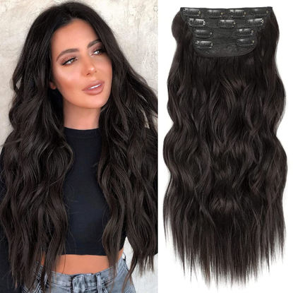 Picture of ALXNAN Clip in Long Wavy Synthetic Hair Extension 4PCS 24 Inch Dark Brown Thick Hairpieces Fiber Double Weft Hair for Women