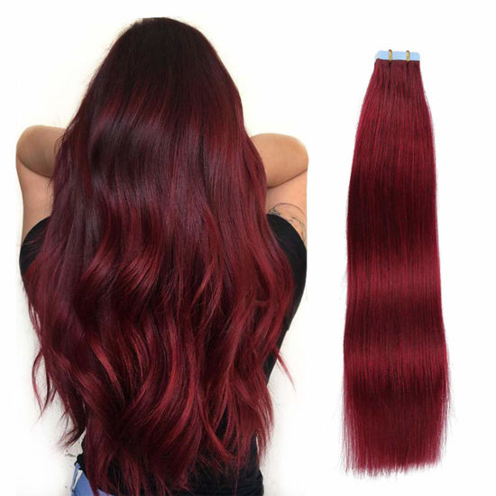 Picture of SUYYA Tape in Hair Extensions Burgundy 100% Real Human Hair 12 inches 20pcs 40g/pack Straight Seamless Skin Weft Wine Red Tape Hair Extensions(12 inches#Burgundy)