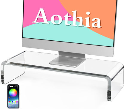 Picture of Acrylic Computer Monitor Stand Riser - Gaming Monitor Stand With LED Strip Light, Desk Shelf For Monitor, Clear Monitor Stand For Home Office, Laptop Stand With Storage, Desktop Décor, Clear