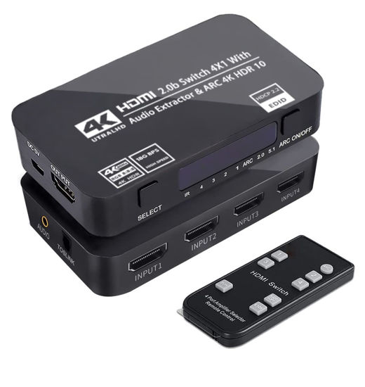 Picture of HDMI Switch 4x1 with Audio Extractor, 4K@60Hz Ultra HD HDMI Switcher with Optical TOSLINK SPDIF, 3.5mm Audio Support ARC Function, 3D, 1080P @120Hz, 4Kx2k @60Hz HDTV (IR Wireless Remote Control)