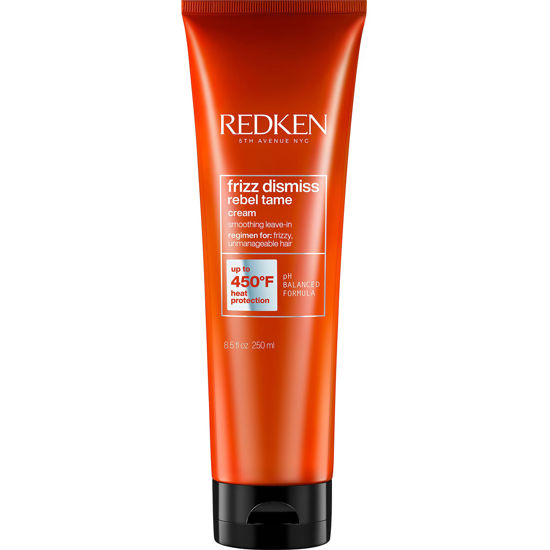 Picture of Redken Leave-In Cream, Heat Protection up to 450 Degrees, Protects Against Humidity, For Frizzy & Unmanageable Hair, Instantly Smooths Hair, Sulfate Free, Frizz Dismiss Rebel Tame, 805 fl.oz./250ml