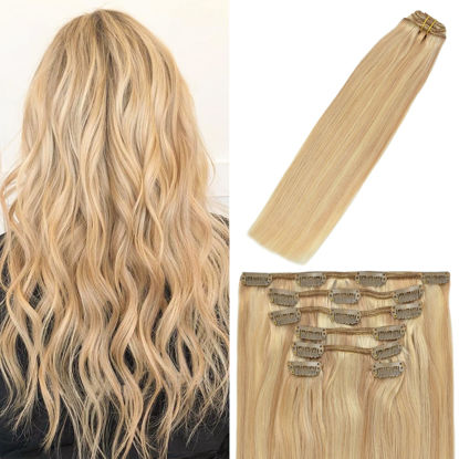 Picture of WindTouch Clip in Hair Extensions Human Hair Balayage Golden brown to Blonde Highlights for Blonde 12Inch 70g #27p613 7PCS