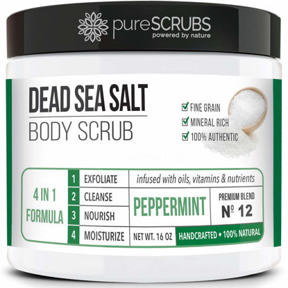 Picture of pureSCRUBS Premium Organic Body Scrub Set Large 16oz PEPPERMINT BODY SCRUB - Dead Sea Salt Infused Organic Essential Oils & Nutrients INCLUDES Wooden Spoon, Loofah & Mini Organic Exfoliating Bar Soap