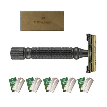 Picture of Double Edge Safety Razor by VIKINGS BLADE, Fat & Short Handle, Swedish Steel Blades Pack + Luxury Case. Twist to Open, Reduces Razor Burn, Smooth, Close, Clean Shave (Model: The Chieftain “5 BC”)