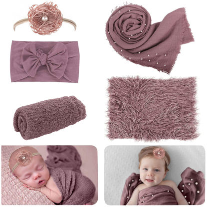 Picture of AOKE 5 PCS Newborn Photography Wrap Props Kit, Newborn Photo Props Long Ripple Wraps DIY Blanket with Flower Headbands, Purple Toddler Baby Photography Props Mat Set for Baby Boys and Girls