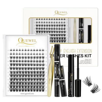 Picture of QUEWEL DIY Eyelash Extensions Kit, 72 Pcs Lash Clusters, Clusters Eyelash Applicator Tool, Super Hold Cluster Lashes Bond and Seal, Clusters Lash Glue Remover Easy to Apply at Home(Common-Kit)