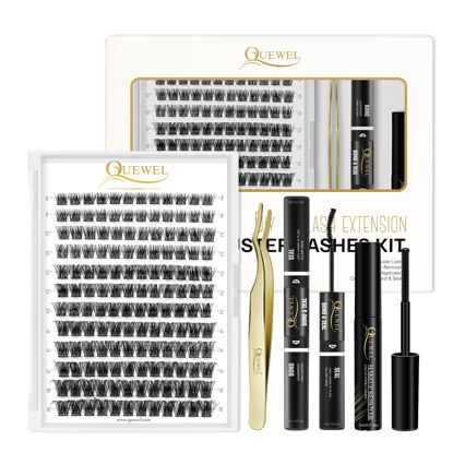 Picture of QUEWEL DIY Eyelash Extensions Kit, Lash Clusters 144 Pcs, Clusters Eyelash Applicator Tool, Super Hold Cluster Lashes Bond and Seal, Glue Remover Easy to Apply at Home(S012-Kit)