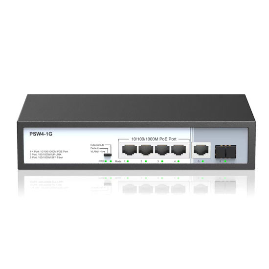 Picture of 4 Port Full Gigabit PoE Switch with Fiber Unmanaged, 5 Gigabit PoE+ Ports with 1 Gigabit Uplink Port, Total Power Budget 65W, 803.af/at Compliant, Rugged Metal Case, Work with IP Cameras VOIP Phones