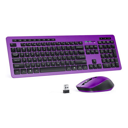 Picture of Wireless Keyboard and Mouse Combo, VIVEFOX 2.4GHz Cordless Quiet USB Keyboard Mouse, Full Size Ergonomic Keyboard Mouse with 14 Multimedia Hotkeys for Windows Laptop Computer Desktop, Purple