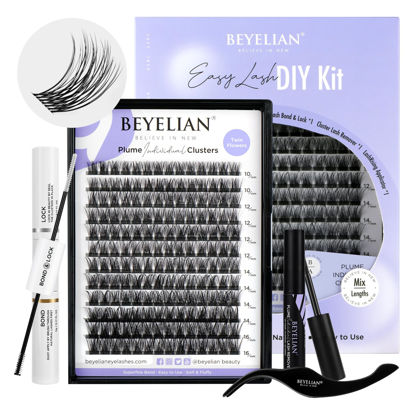 Picture of DIY Lash Extension Kit BEYELIAN Cluster Lashes Kit with 168 Pcs D+ Lash Clusters Lash Bond and Seal Lash Remover and Eyelash Applicator for Beginner DIY at Home (Style3 0.07 Mix Clear Band)