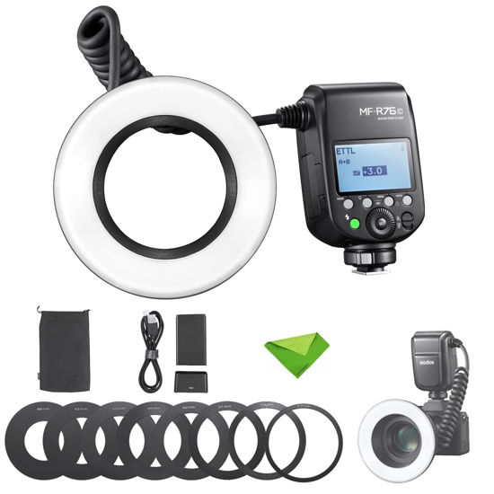 Picture of Godox MF-R76C TTL Macro Ring Flash 76Ws HSS 2.4G Wireless GN14 CCT 5900K 550 Full-Power Flashes, 0.1-1s Recycle Time Dual-Flash Tubes Speedlight for Canon Cameras for Animal, Plant Photography, etc