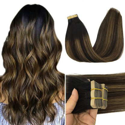 Picture of GOO GOO Tape in Hair Extensions Natural Black to Chestnut Brown Balayage Remy Hair Extensions Human Hair Natural Hair Extensions 10 Inch 20pcs 30g