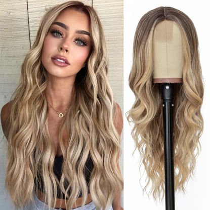 Picture of NAYOO Long Ombre Blonde Wavy Wig for Women 26 Inch Middle Part Curly Wavy Wig Natural Looking Synthetic Heat Resistant Fiber Wig for Daily Party Use (Ombre Blonde)