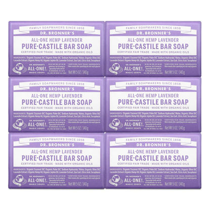 Picture of Dr. Bronner’s - Pure-Castile Bar Soap (Lavender, 5 ounce, 6-Pack) - Made with Organic Oils, For Face, Body and Hair, Gentle and Moisturizing, Biodegradable, Vegan, Cruelty-free, Non-GMO