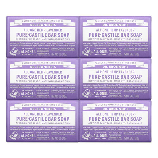 Picture of Dr. Bronner’s - Pure-Castile Bar Soap (Lavender, 5 ounce, 6-Pack) - Made with Organic Oils, For Face, Body and Hair, Gentle and Moisturizing, Biodegradable, Vegan, Cruelty-free, Non-GMO