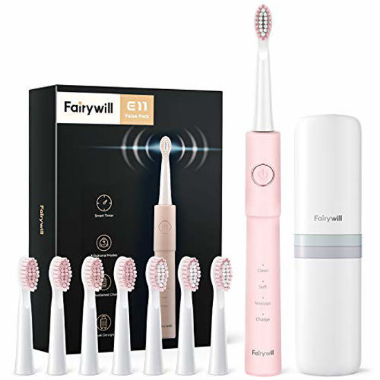 Picture of Electric Toothbrush, Fairywill Sonic Toothbrush for Adults with 8 Dupont Bursh Heads, Ultra Cleaning with 40,000 VPM 5 Modes 2 Hours Charging for 30 Days Use, E11 Pink Rechargeable Power Toothbrush