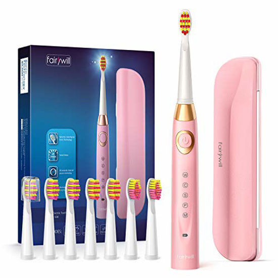 Picture of Fairywill 508 Electric Toothbrush for Adults and Kids 8 Dupont Brush Heads & Travel Case, 5 Modes Rechargeable, 2 Mins Smart Timer 40,000 VPM Pink Series Sonic Whitening Power Toothbrush