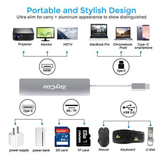 Picture of USB C Hub, USB C to HDMI Hub, USB C SD Card Reader, 6 in 1 Type C Hub with 4K HDMI Output, 2 USB3.0 Ports, SD/TF Card Reader and PD for MacBook/MacBook Pro, Chromebook Pixelbook, DELL XPS, etc.