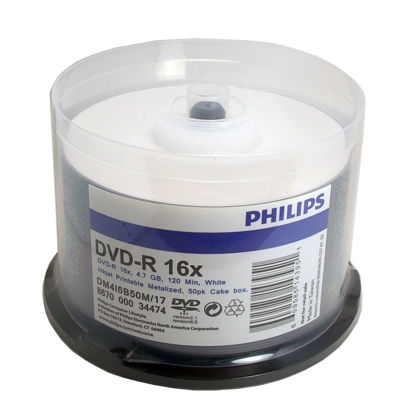 Picture of Philips Brand Blank DVD-R 16x Disc, 50 Pack. White Inkjet Printable Top Surface, Metalized Hub. Cake Box Spindle Pack. 4.7GB 120 min.