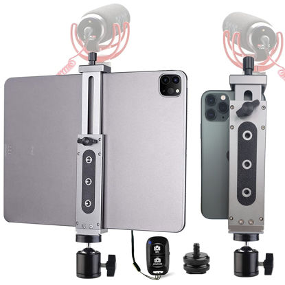 Picture of Aluminum IPad Pro Tripod Mount Adapter Holder With Cold Shoe Ball Head and Bluetooth Shutter for iPad Pro 12.9 11 10.5, iPad Air Mini, Surface Galaxy Tab, Video Recording 3.5 to 13.5" iPhone Tablet