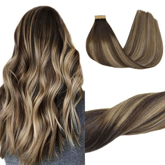 Picture of GOO GOO Hair Extensions Tape in Chocolate Brown to Honey Blonde Remy Hair Extensions Human Hair Balayage Natural Real Hair Extensions for Women 20pcs 30g 10inch